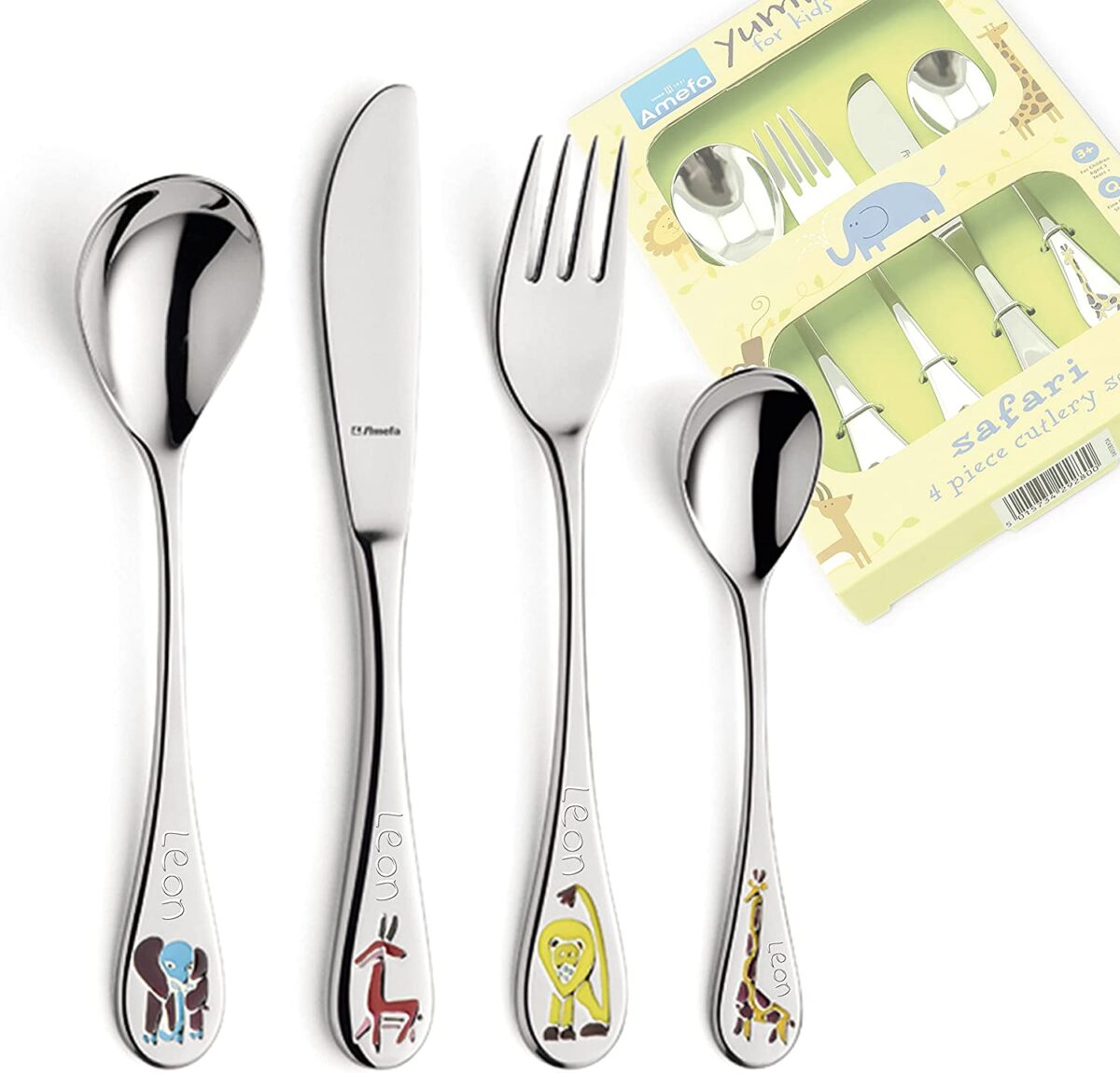 Safari 4-teiliges Kinderbesteck mit Gravur Tiermotive