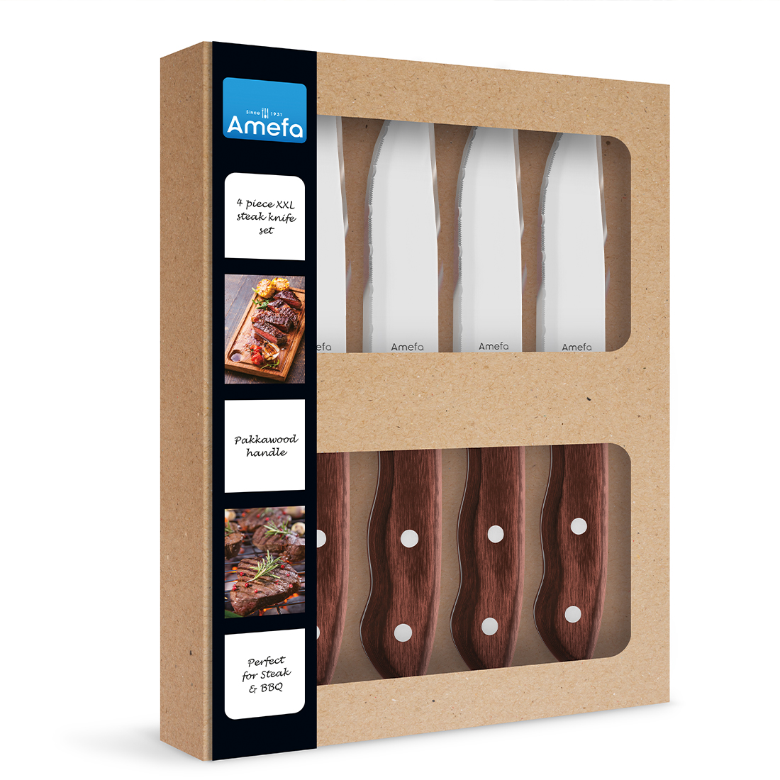 Steakmesser Set Jumbo 4-teilig Kastanie Amefa HERCULE mit individueller Gravur Verpackung